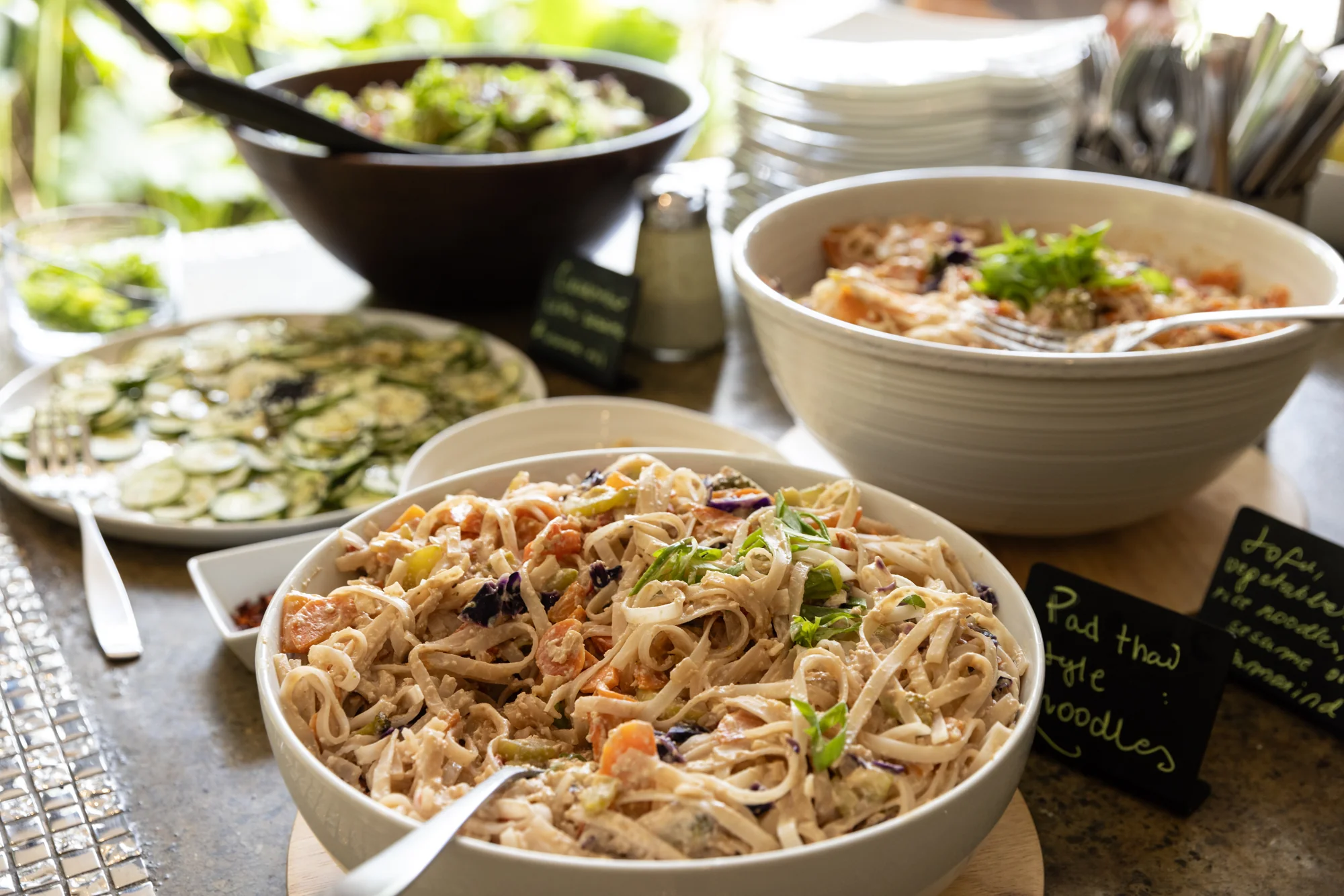 Fideos, ensalada y pepino para el grupo